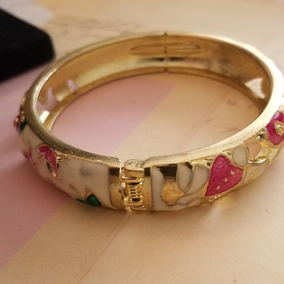 Hinged Enameled Pink and Green Cloisonne Bracelet - Picture 3 of 6